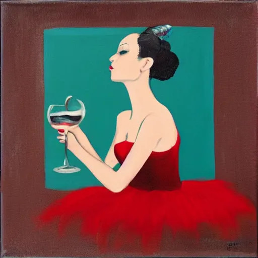 Image similar to square painting of a ballerina drinking wine in a teal room all on a red background