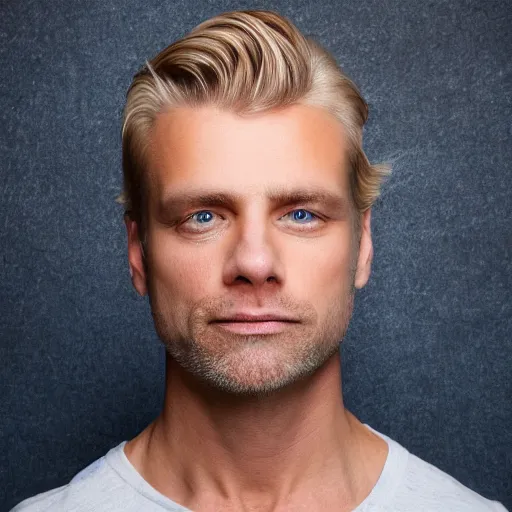 Image similar to close up of face of good looking 4 0 year old anglo slavic blond man with blond stubble, very short wavy blond hair in a short pompadour style, very dark blue eyes, portrait, 4 k