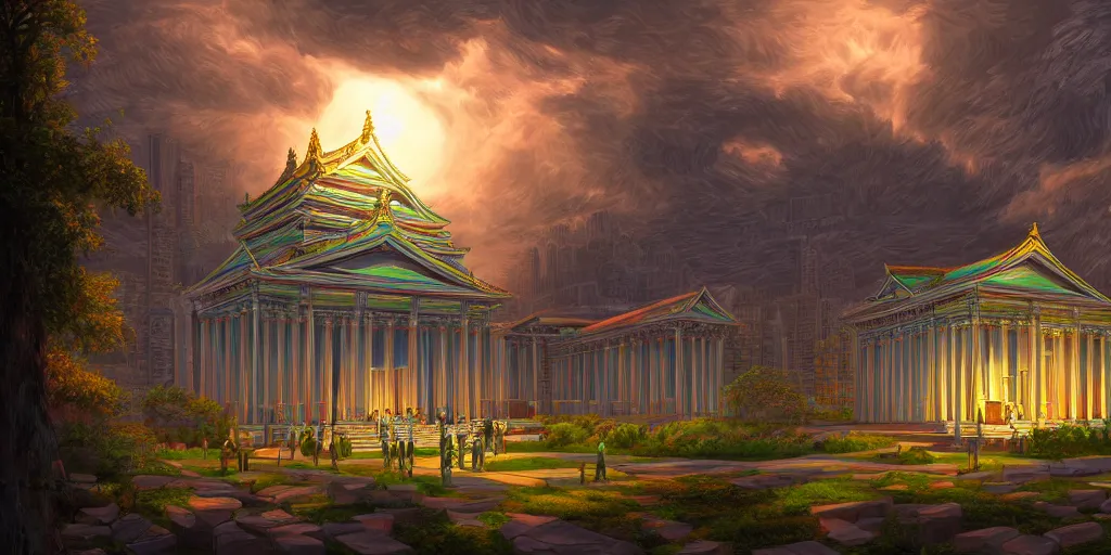 Image similar to temple dedicated to artificial intelligence, by Naomi Okubo, landscape, dramatic lighting, high contrast colors, panoramic view, as trending on Artstation,