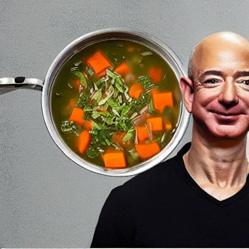 Prompt: “Jeff Bezos in a large pot of vegetable soup”