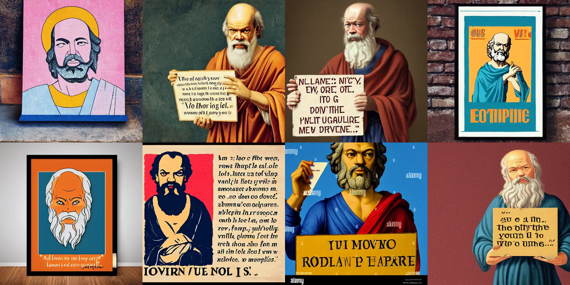 Prompt: socrates holding a sign with a quote, romantic period, colorful, warm colors, low contrast, modern art