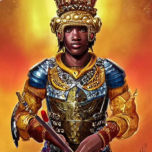 Image similar to a young black boy dressed like an african moorish warrior in gold armor and a crown with a ruby, and a very ornate glowing staff, for honor character digital illustration portrait design, by android jones in a psychedelic fantasy style, dramatic lighting, hero pose, wide angle dynamic portrait