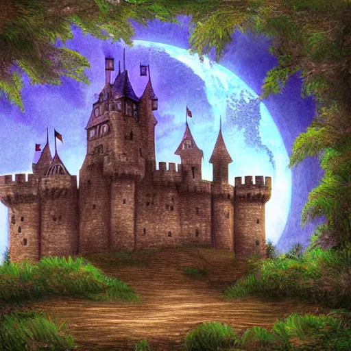 Prompt: a large castle in the shape of a cat, in the middle of a forest, digital art painting