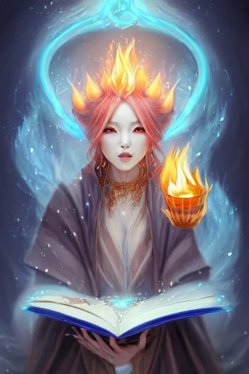 Image similar to gorgeous!!! hyper - realstic kitsune sorceress, holding a tattered magical book, casting a flame spell, blue flames, surrounded by tiny spirits | drawn by wlop, drawn by jeehyung lee, drawn by artgerm | fantasy, dark, intricate, highly detailed, digital painting, character design, concept art, illustration, artstation