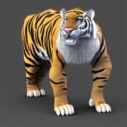 Prompt: anthropomorphized sabertooth tiger, 3d render, flat gray fur, polygon shapes