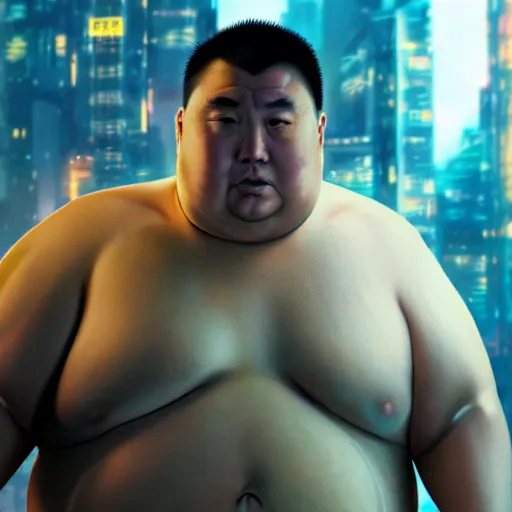 Image similar to very fat very obese half-chinese half-caucasian crime boss, scifi cyberpunk, movie still