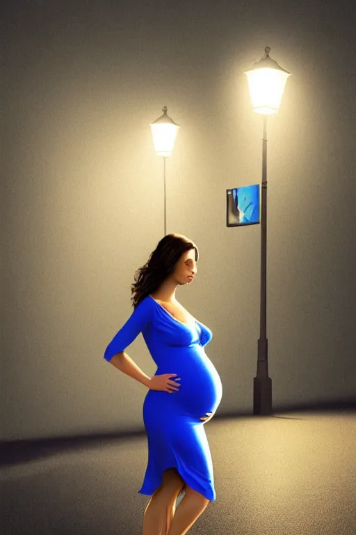 Prompt: pregnant woman in a short blue dress in night under street light, highly detailed, sharp focused, ultra realistic digital concept art by Frederick Sands Brunner