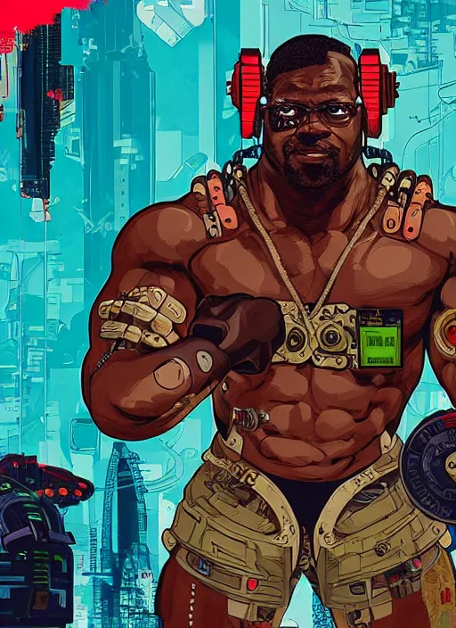 Image similar to chidi igwe. buff cyberpunk weight lifter. robotic arm. portrait illustration, pop art, splash painting, art by geof darrow, ashley wood, alphonse mucha, makoto shinkai, laurie greasley, josan gonzales ( apex legends )