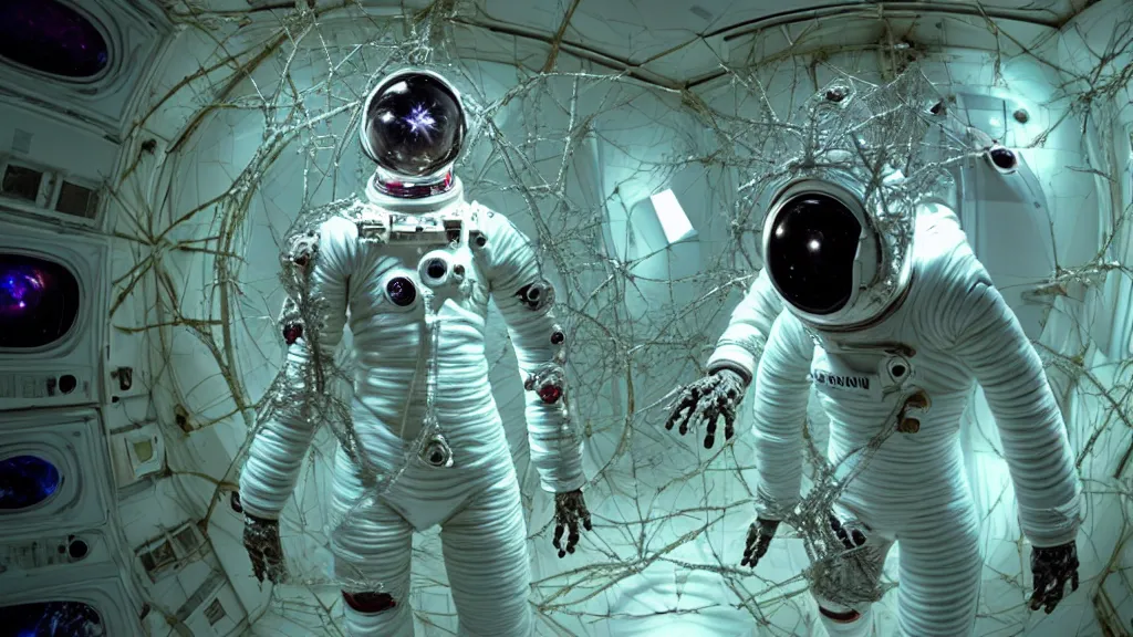 Image similar to a cybernetic symbiosis of a single astronaut eva suit made of pearlescent wearing knitted yarn thread infected with diamond 3d fractal lace iridescent bubble 3d skin covered with stalks of insectoid compound eye camera lenses floats through the living room, film still from the movie directed by Denis Villeneuve with art direction by Salvador Dalí, wide lens,