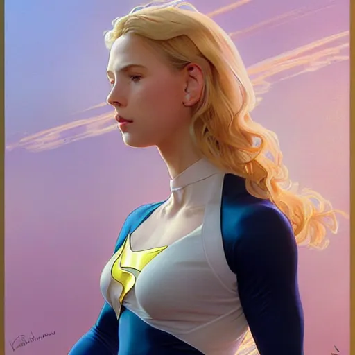 Prompt: a beautiful portrait of a beautiful cute young superhero girl, shoulder - length blonde hair, tight solid matte navy blue lycra bodysuit, white cape, buff, body, muscular, intricate, elegant, 8 k, highly detailed, digital painting, concept art, smooth, sharp focus, illustration, by artgerm greg rutkowski alphonse mucha loish wlop