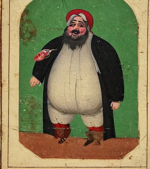 Image similar to 1 8 th century ottoman illustration of a bearded obese charlatan who is a quack with a nasty smile on his face, highly detailed