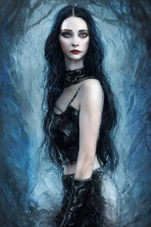 Image similar to a beautiful woman with long black hair, blue eyes, fantasy, intricate, elegant, dramatic lighting, gorgeous face, black leather jacket, highly detailed, lifelike, photorealistic, digital painting, artstation, illustration, concept art, smooth, sharp focus, art by John Collier and Albert Aublet and Krenz Cushart and Artem Demura and Alphonse Mucha