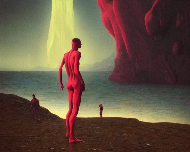 Image similar to iridescent, portrait, neon body, rocky lake shore, alien woman, a otherwordly huge monster is appraching from the horizon, glowing red, dynamic poses, by edgar maxence and ross tran, zdzisław beksinski, and michael whelan, distant, gustav dore, h. r. giger, 8 k, octane render