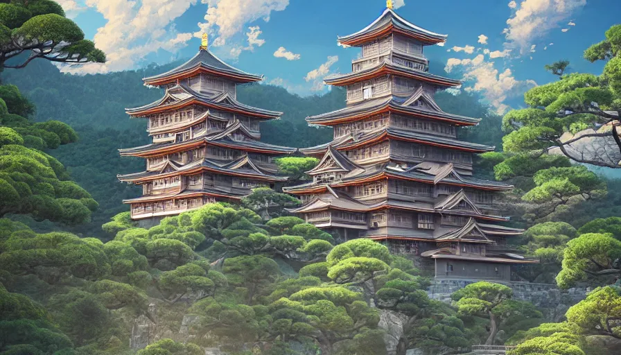 Prompt: A highly detailed matte painting of a large japanese castle, in the tall mountains, with matsu pine trees, with sakura cherry trees, by Studio Ghibli, Makoto Shinkai, by Artgerm, by beeple, volumetric lighting, octane render, 4K resolution, trending on artstation, masterpiece