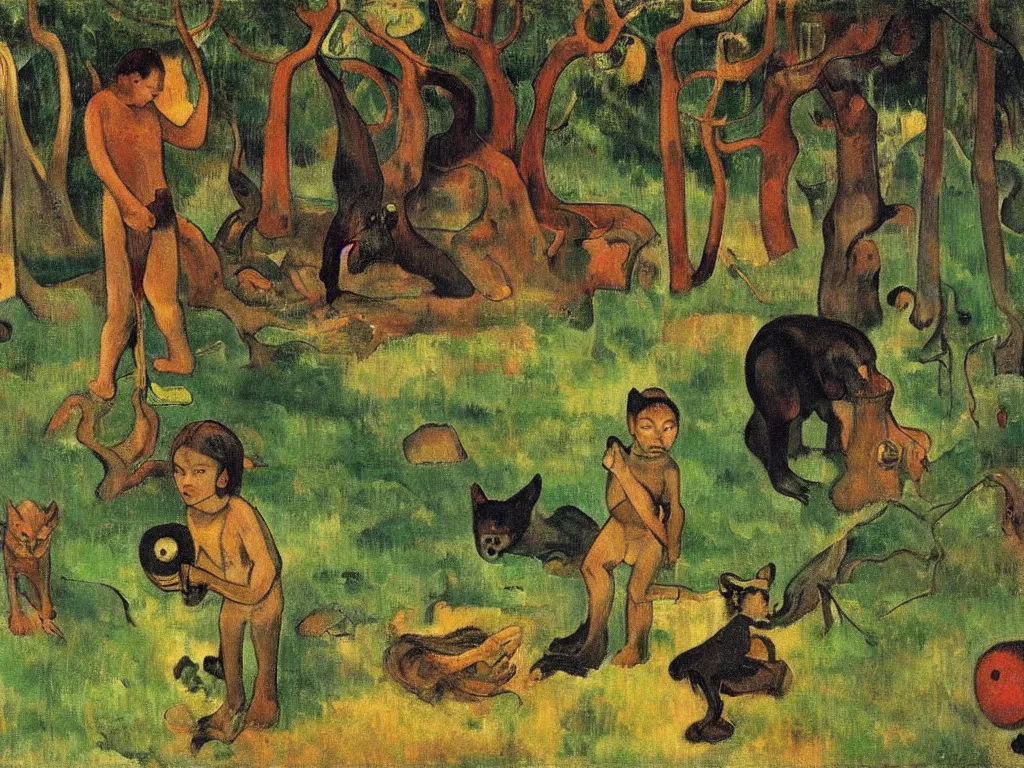 Prompt: an evil 6 - eyed wolf observing a child in the forest playing with a toy next to a hut, by paul gauguin and balthus,