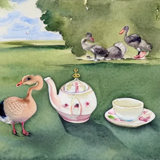 Prompt: a watercolour painting of a goose and a bunny having afternoon tea