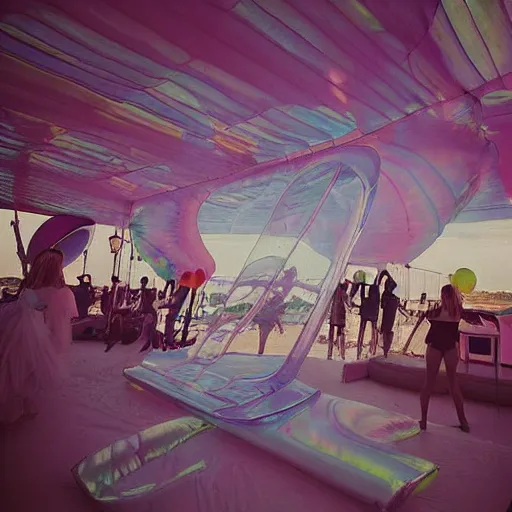 Image similar to a pastel colour high fidelity wide angle Polaroid art photo from a holiday album at a seaside with abstract inflatable parachute furniture, all objects made of transparent iridescent Perspex and metallic silver, high fidelity people in masks dance in the distance, iridescence, nostalgic