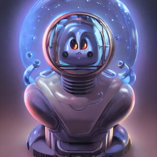 Prompt: cinematic bust portrait of cute Mew Pokemon on blue bubble from left, head and chest only, exotic alien features, robotic enhancements, desaturated, Tim Hildebrandt, Wayne Barlowe, Bruce Pennington, donato giancola, larry elmore, oil on canvas, masterpiece, trending on artstation, featured on pixiv, cinematic composition, dramatic pose, beautiful lighting, sharp, details, hyper-detailed, HD, HDR, 4K, 8K