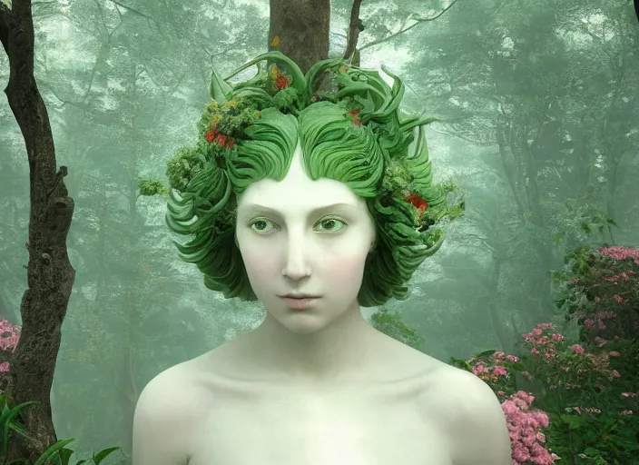 Image similar to a portrait of idealistic marble statue with fractal flowery hair and fair porcelain face and green eyes, in a magical forest, painted by, mc escher, gordon onslow ford, georgia o'keeffe and ivan aivazovsky, cinematic light, god rays, colourful, unreal engine, zbrush central,