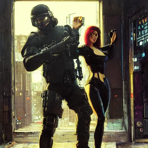 Image similar to Maria evades sgt rhodes. Cyberpunk hacker escaping Menacing Cyberpunk police trooper wearing a combat vest. (dystopian, police state, Cyberpunk 2077, bladerunner 2049). Iranian orientalist portrait by john william waterhouse and Edwin Longsden Long and Theodore Ralli and Nasreddine Dinet, oil on canvas. Cinematic, vivid colors, hyper realism, realistic proportions, dramatic lighting, high detail 4k