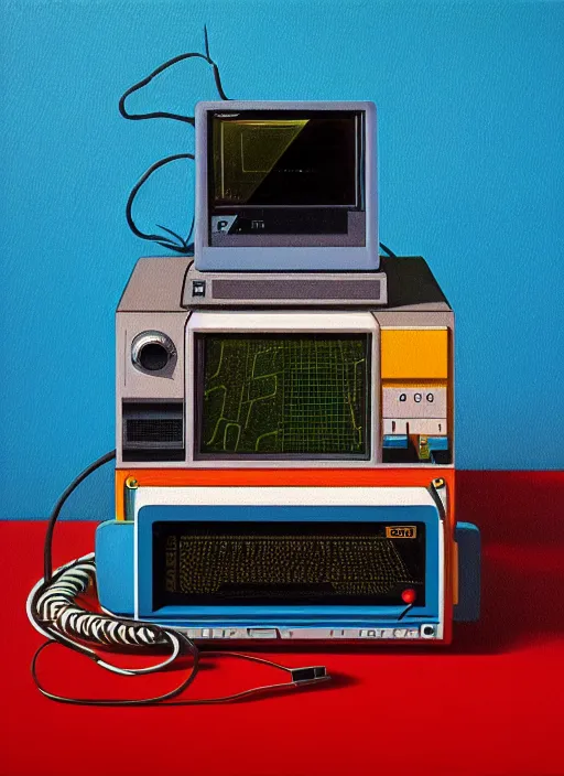 Image similar to still life 8 0 s era technology, vintage shapes, retro technology, happy color, wayne barlow, oil on canvas, deep depth field, masterpiece, cinematic composition, hyperdetailed