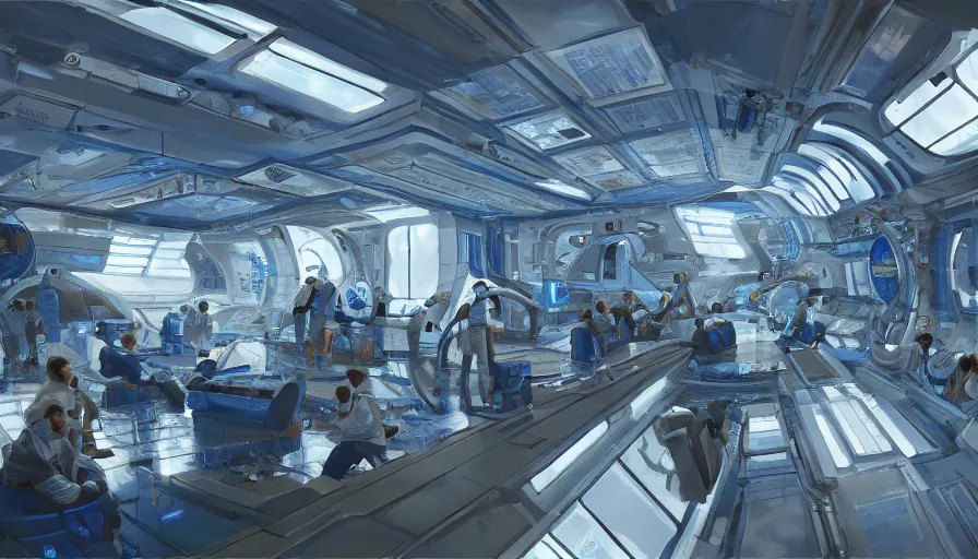 Image similar to human space station with blue lights, grey structures, indoor garden with people working on it, large windows with views of the space, hyperdetailed, artstation, cgsociety, 8 k