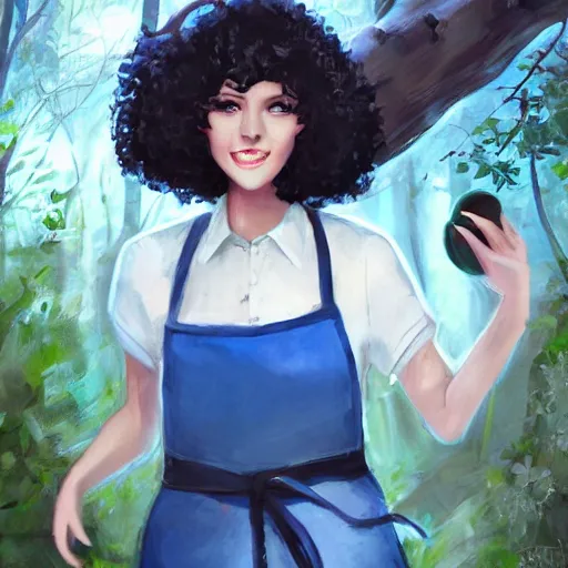 Image similar to a portrait of a 1 9 6 0 s woman with curly black hair and blue eyes, and an apron in the forest, dynamic lighting, fantasy concept art, trending on art station, stunning visuals, cinematic, ultra detailed