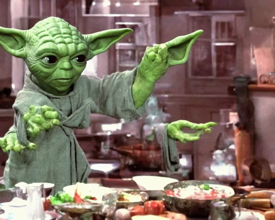 Image similar to yoda hosts a cooking show, scene from a horror movie