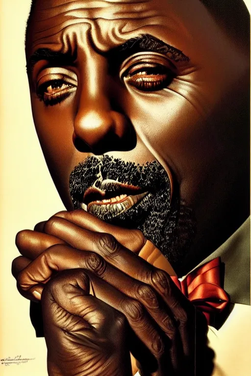 Prompt: idris elba portrait by gil elvgren and norman rockwell and rob gonsalves and hajime sorayama, hyperrealistic, high detail, ultra detailed, highly detailed face, ruffled fabric