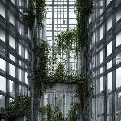 Image similar to “derelict architecture single building , the windows are growing single vines, building designed by architect Zaha Hadid, architecture digest, building surrounded in a luxury environment, bright tones, fluorescent lighting,volumetric Lighting, photorealism, high detail, golden ratio, cinematic, octane renderer”