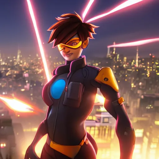 Prompt: tracer, standing on rooftop, 4 k, detailed, smiling at camera, detailed eyes, confident stance, burning exploding city in background