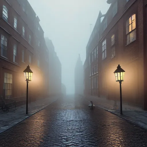 Prompt: Misty Victorian London street, gas lanterns, horse drawn carriages, heavy mist, soft lighting, realistic octane render, 8k