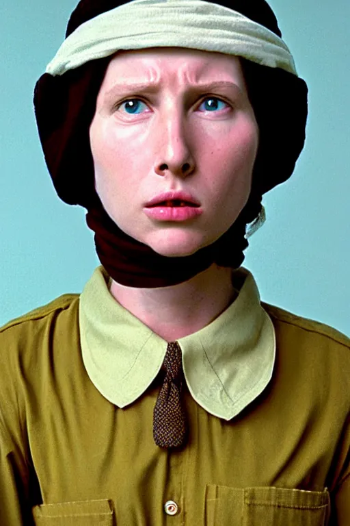 Image similar to beautiful wes anderson movie 3 5 mm film still, only one head single portrait team fortress 2 scout the girl with the pearl earring as the team fortress 2 scout team fortress 2 scout team fortress 2 scout scout team fortress 2 scout, absurdly beautiful, elegant, photographic ultrafine hyperrealistic detailed face wes anderson color, vintage, retro,