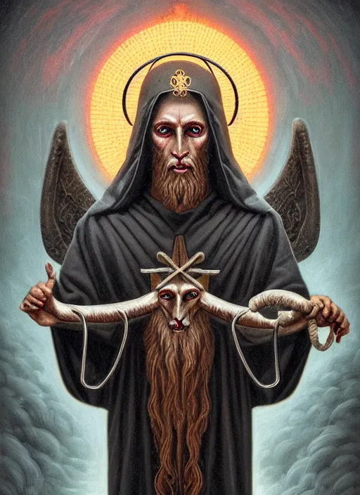 Image similar to hyper detailed ultra sharp orthodox baphomet goat jesus icon, occult, sardonic man, piercing gaze, trending on artstation, byzantine aesthetic, doom, religious, sinister, ornate, intricate, digital painting, concept art, smooth, sharp focus, illustration, art by josan gonzalez, greg rutkowski, killian eng and zdizslaw beksinski