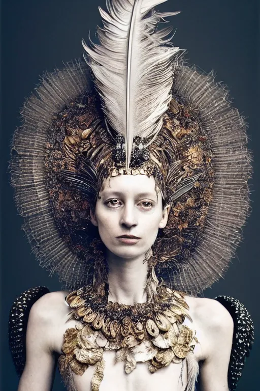 Image similar to photography portrait by paolo roversi of a feminine actress wearing a ornate costume with feathers by iris van herpen, highly detailed, artstation, smooth, sharp foccus, artstation hq, skin grain detail, high detail, creativity in fashion design