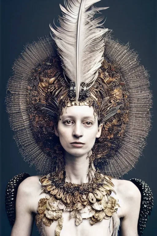 Prompt: photography portrait by paolo roversi of a feminine actress wearing a ornate costume with feathers by iris van herpen, highly detailed, artstation, smooth, sharp foccus, artstation hq, skin grain detail, high detail, creativity in fashion design