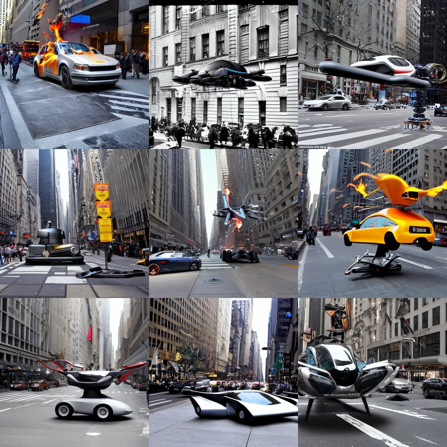 Image similar to photo of a flying car that hovers two meters above the pavement in the 5 th avenue of new york. it has a new propulsion system with antigravity engines. the engines throw flames. highly detailed