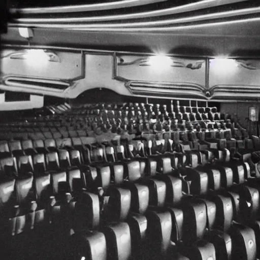 Image similar to 1 9 5 0's movie theatre, full audience all wearing vr headsets. image taken at front of theatre looking towards the crowd. dark only light coming from the screen. audience illuminated