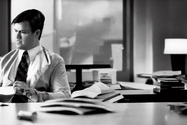 Image similar to cinematic film still from 1994 film: portly clean-shaven white man wearing suit and necktie at his desk. He has his right leg and foot propped up on his desk. XF IQ4, f/1.4, ISO 200, 1/160s, 8K, RAW, dramatic lighting, symmetrical balance, in-frame