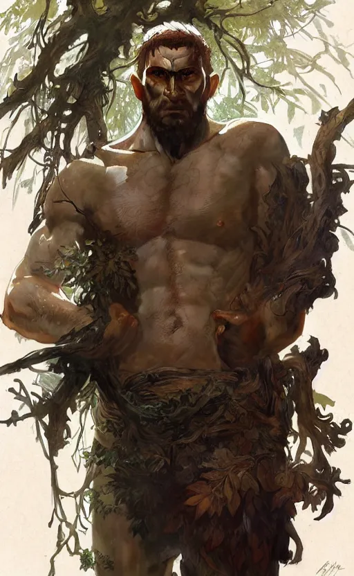 Image similar to god of the forest, 3 0 years old, rugged, male, gorgeous, detailed face, amazing, thighs, ottoman, muscular, intricate, highly detailed, digital painting, artstation, concept art, sharp focus, illustration, art by greg rutkowski and alphonse mucha