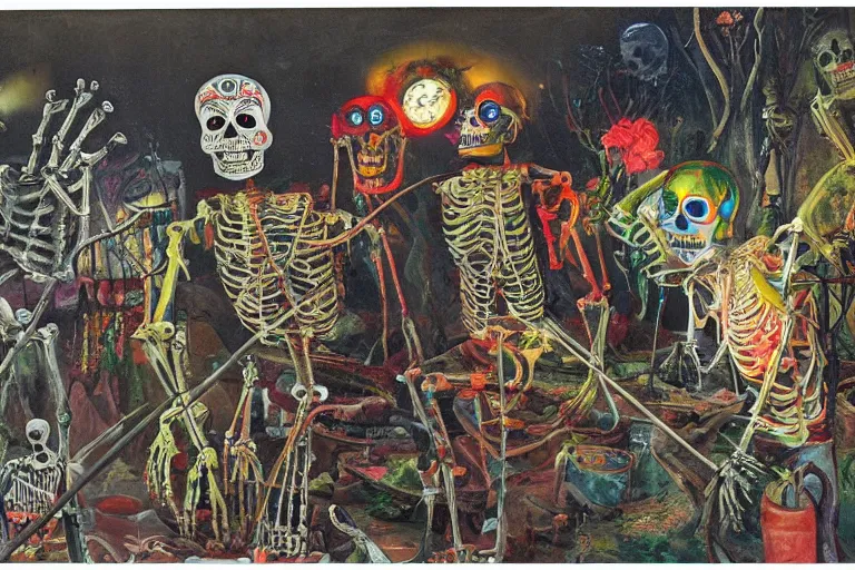 Image similar to scene from fishing, day of the dead, cyber skeleton, neon painting by otto dix