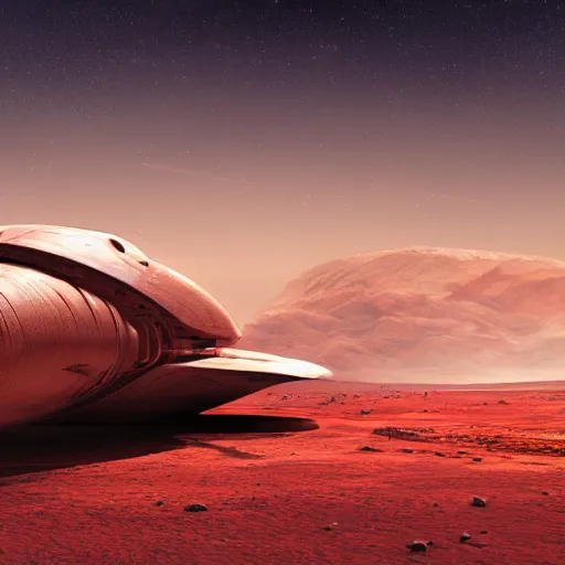 Image similar to stranded starship on mars,Landscape, cosmic , cinematic light , sci-fi art