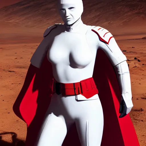 Image similar to a young female soldier, no makeup, wearing glossy sleek white bloodstained dinged scuffed armor and a long torn red cape, heroic posture, determined expression, elegant, no helmet, on the surface of mars, dramatic lighting, cinematic, sci-fi, hyperrealistic, detailed