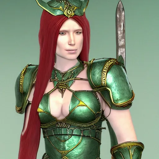 Prompt: a red haired lady with sharp features and elvish ears, she has many soft freckles and her hair is pulled back in braids, she wears green segmented armor with golden accents and steel segments of armor along her arms, she has a chest strap with potions attached to it and a scimitar on her hip, high quality fantasy character art, d & d