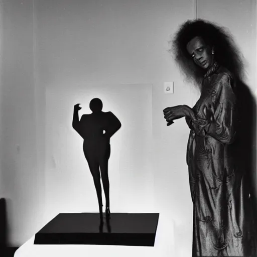 Image similar to jamel shabazz polaroid of a woman inspecting a sculpture by leonora carrington