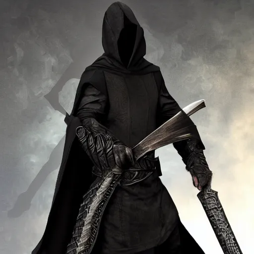 Image similar to a realistic full body of Konnor, a dragonblood, a black hood with black robes, holding a sword, extremely realistic and detailed,