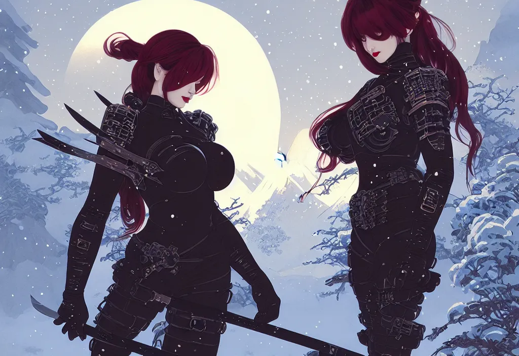 Image similar to portrait ninja gaiden girl, armored dieselpunk ninja wardrobe, at snowy fuji mountain moonlight, ssci - fi and fantasy, intricate and beautiful and elegant, digital painting, frostbite engine, artstation, concept art, smooth and sharp focus, illustration, art by tian zi and wlop and alphonse mucha