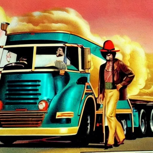 Image similar to 1 9 7 0's color b - movie scene about the musical trucker, a trucker playing the saxophone inside his big rig as it drives off the side of a highway