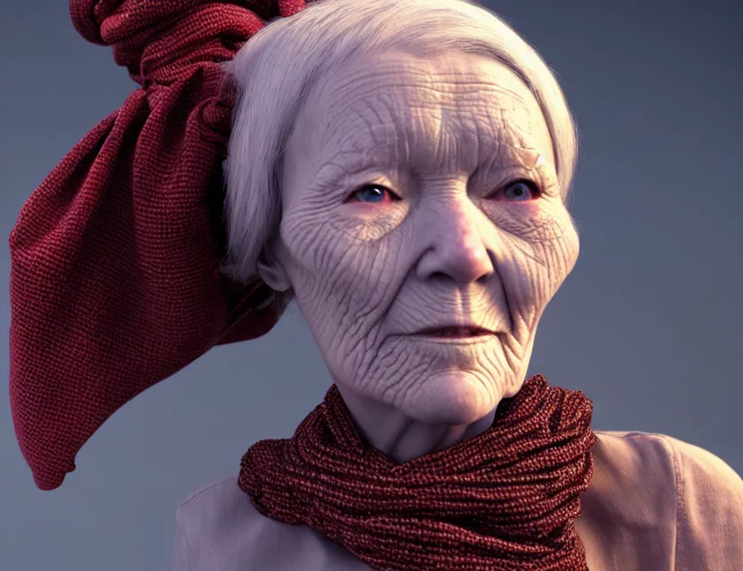 Prompt: cinematic bust portrait of robo - cyborg granny, a scarf tied on the head, by jean giraud, trending artstaition, unreal engine