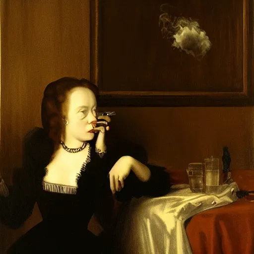 Image similar to a woman smoking a cigarette in a dark room, a portrait by nicholas hilliard, screenshot by martin scorsese, photorealistic painting by jerry weiss, aestheticism, goth, dark and mysterious, filmic, a photorealistic painting by jerry weiss, shutterstock tumblr contest winner, naturalism, behance hd, shutterstock contest winner